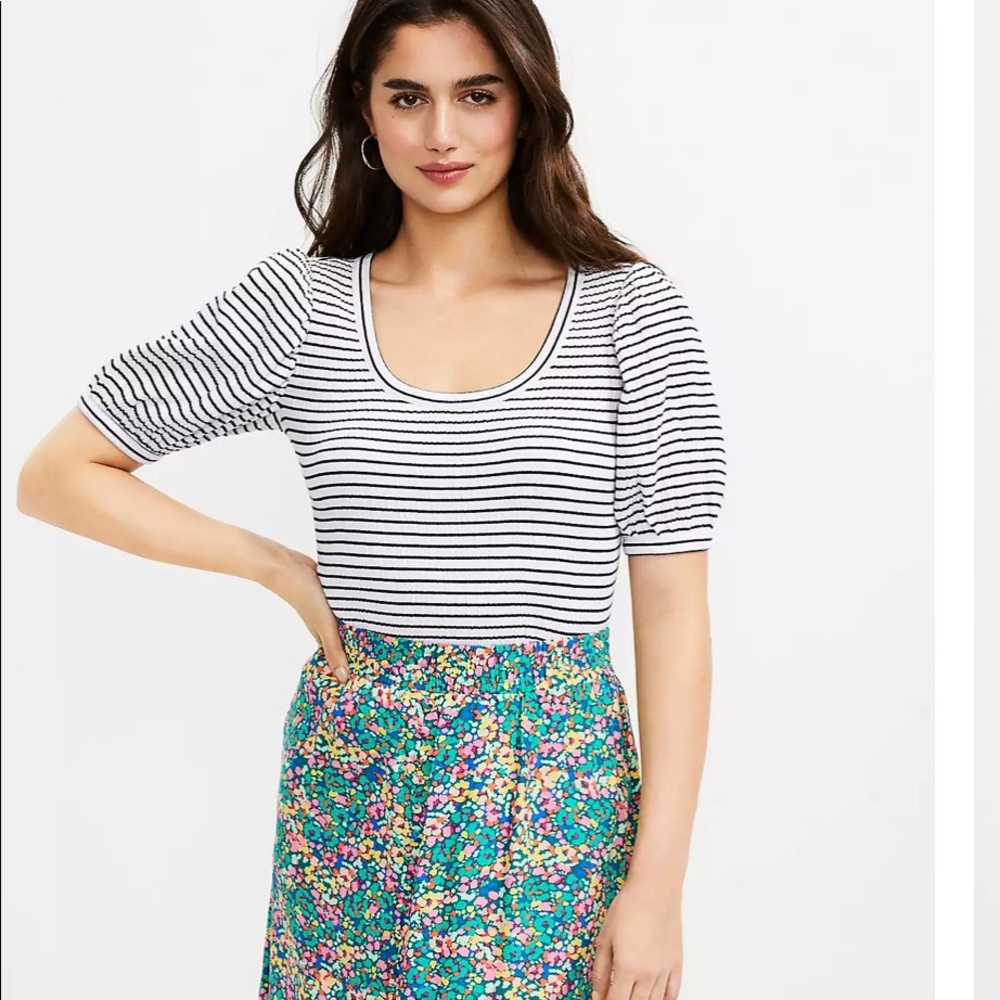Loft Striped Crinkle Puff Sleeve Top